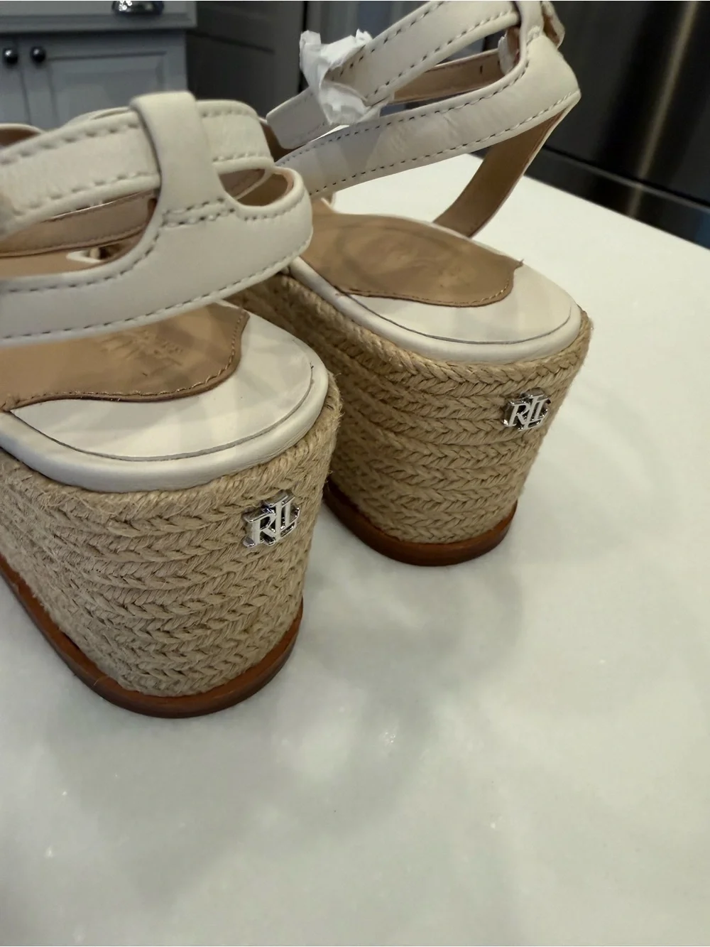 Ralph Lauren Leona Espadrille Platform Wedge Sandals Leather Ivory Sz 9.5 NEW!